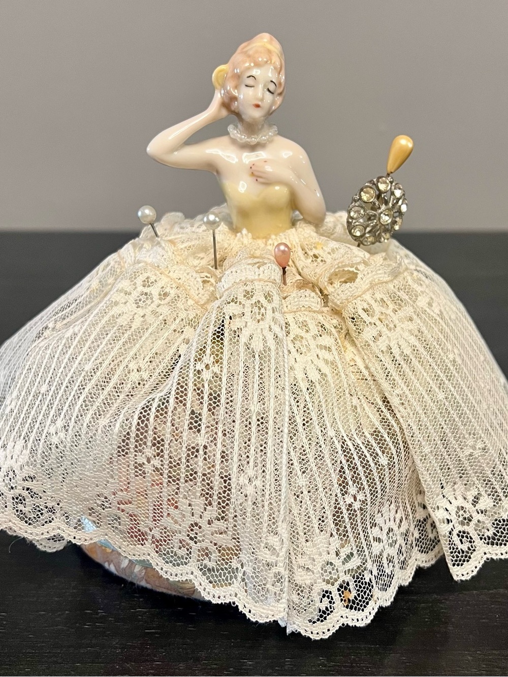 VTG Porcelain Half Doll Pin Cushion W/ Lace & Floral Print Dress Straight Pins